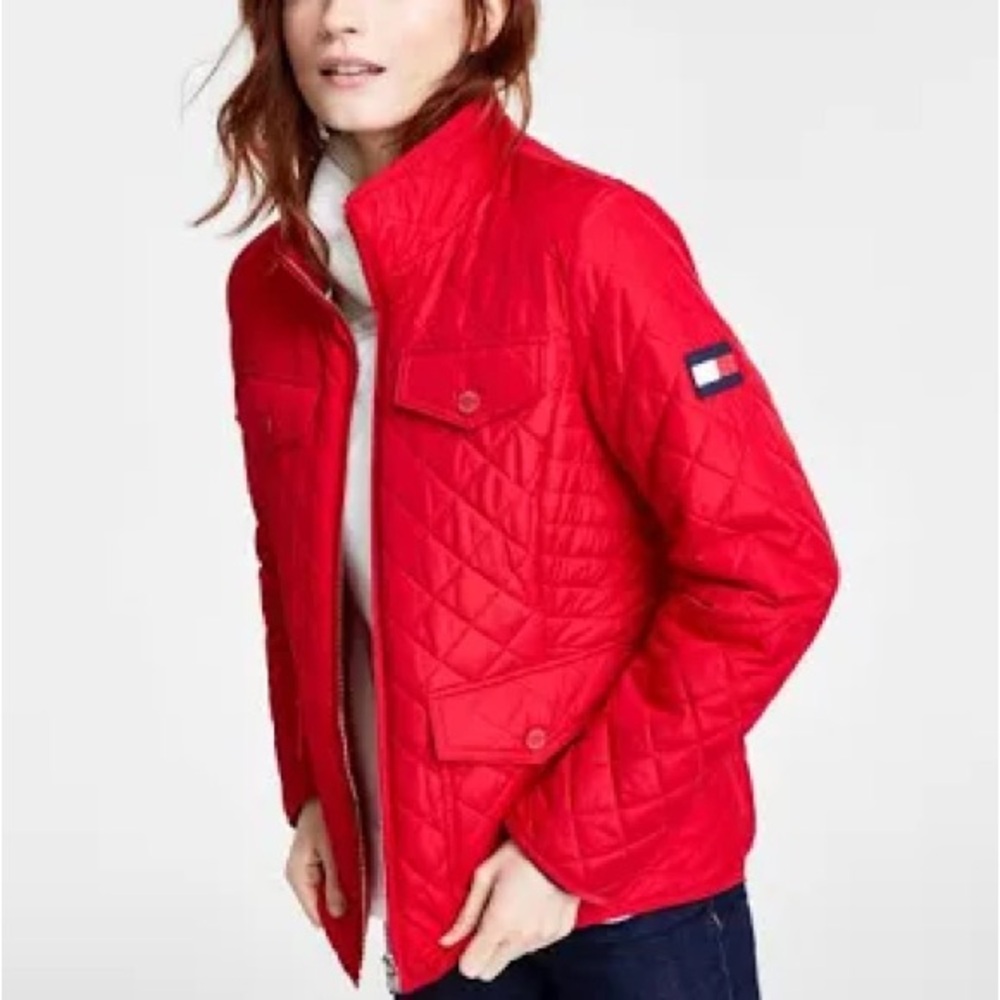 New women Sz M red St John’s Bay halfway zip puffer casual packable jacket coat
